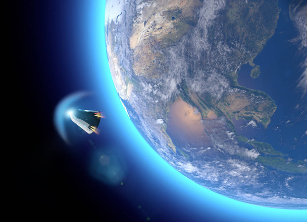 Космічних апаратів, екіпаж перевізника орбітальної капсули. Орбіті навколо Землі. Вигляд з супутника Землі. Атмосфера, тертя. Елементи цього зображення оформлені НАСА. 3D-рендерінг - Фото, зображення