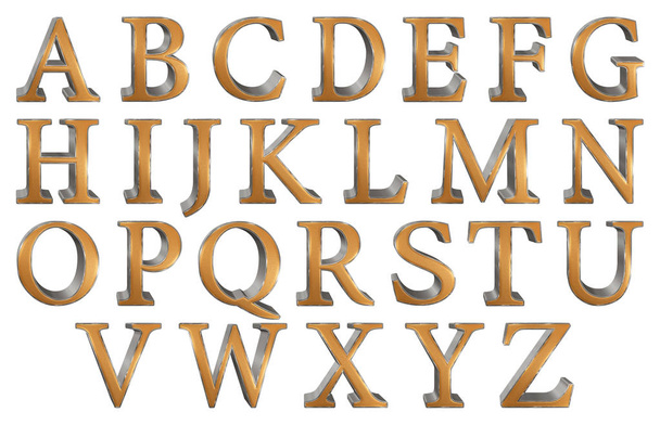 Satz englische Buchstaben in Großbuchstaben, Gold- und Silberstruktur, Extrusionsperspektive links, isoliert auf weißem Hintergrund, 3D-Illustration - Foto, Bild