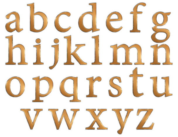 Englische Buchstaben in Kleinbuchstaben, Gold- und Silberstruktur, isoliert auf weißem Hintergrund, 3D-Illustration - Foto, Bild