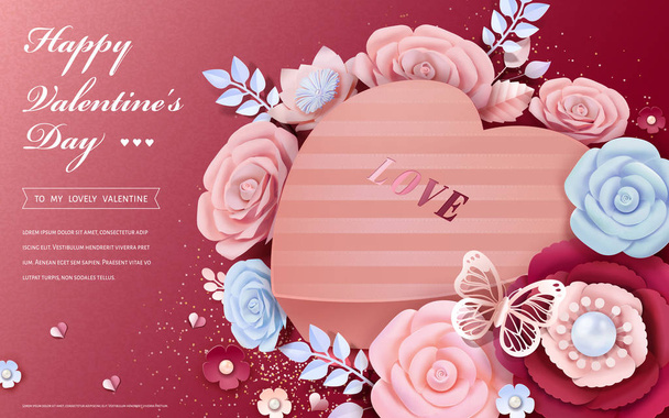 Happy Valentine's Day heart shaped gift box with paper flowers decorations in 3d illustration - Διάνυσμα, εικόνα