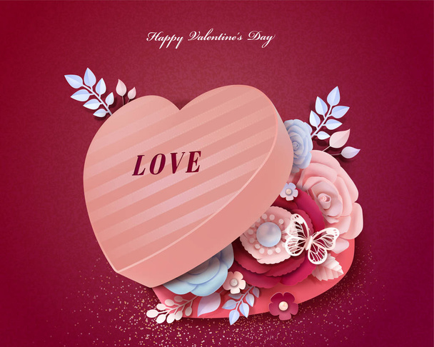 Happy Valentine's Day heart shaped gift box with paper flowers decorations in 3d illustration - Vector, imagen