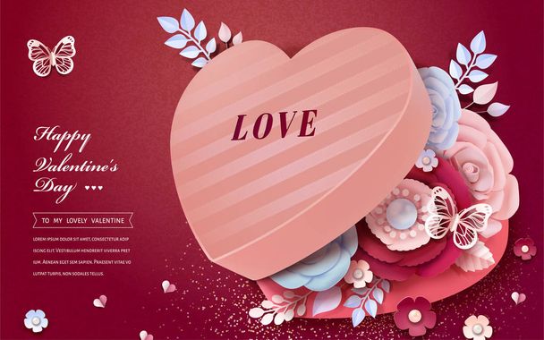 Happy Valentine's Day heart shaped gift box with paper flowers decorations in 3d illustration - Vetor, Imagem
