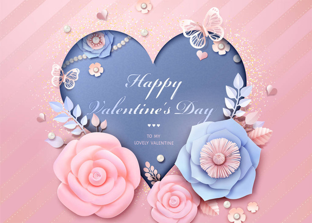 Happy Valentine's Day heart shaped template with paper flowers decorations in 3d illustration - Διάνυσμα, εικόνα