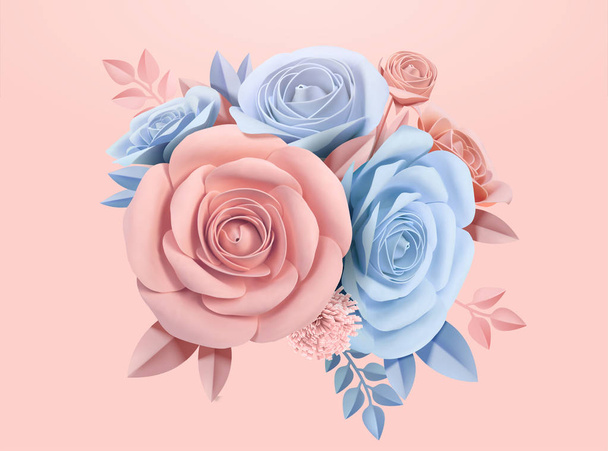 Paper roses in light blue and pink, 3d illustration - Vektor, obrázek