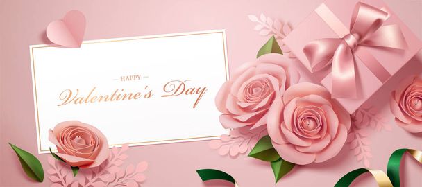 Valentine's Day with paper roses and gift boxes banner in top view angle, 3d illustration - Vector, imagen