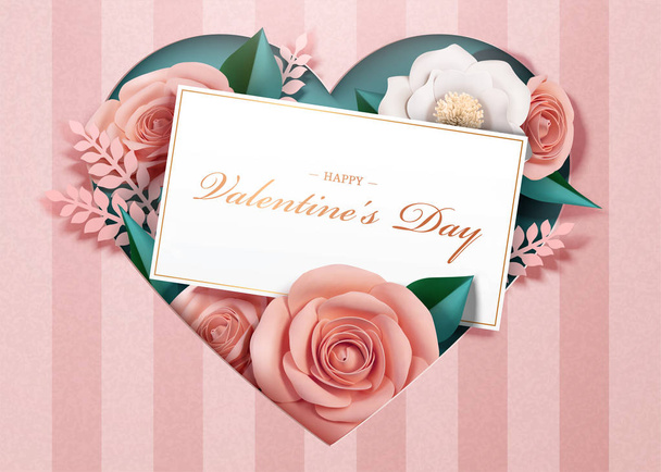 Happy Valentine's Day with paper blossoms and card template in 3d illustration - Vektor, Bild