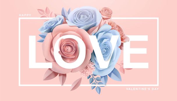 Happy Valentine's Day with paper blossoms in 3d illustration - Vector, Image