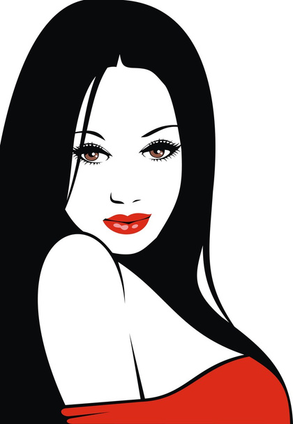 easy woman face with red lips and black hair - Vektor, kép