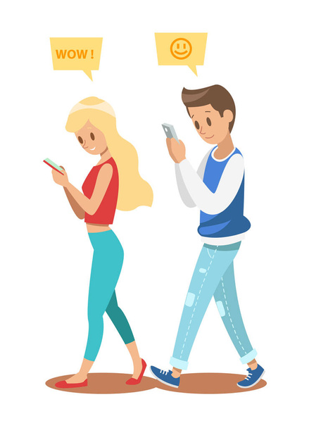 αγόρι και κορίτσι παίζει smartphone Σχεδιασμός χαρακτήρων 3 - Διάνυσμα, εικόνα