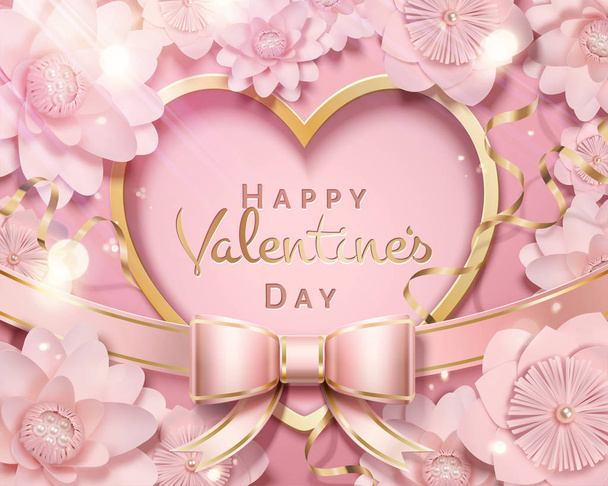 Happy valentine's day heart shaped and pink flowers decorations in 3d illustration - Vektor, Bild