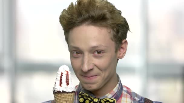 Close up funny teen boy with ice cream. - Footage, Video
