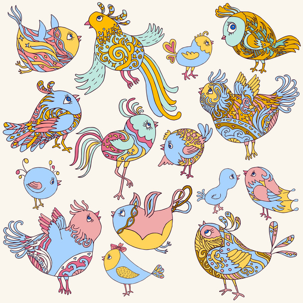 Set di simpatici uccelli, adorabile collezione retrò colorato, personaggio
 - Vettoriali, immagini
