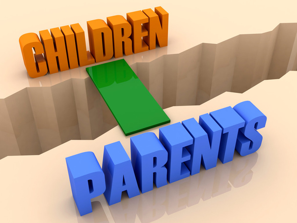 Kaksi sanaa CHILDREN ja PARENTS yhdistyvät sillan kautta erottaminen halkeama. Konsepti 3D-kuva
. - Valokuva, kuva