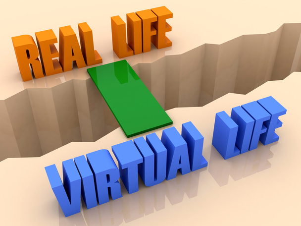 Two phrases REAL LIFE and VIRTUAL LIFE united by bridge through separation crack. Concept 3D illustration. - Photo, Image