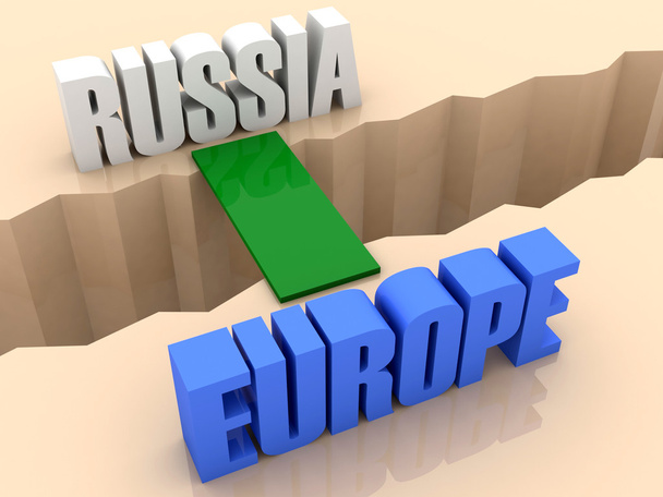 Two words RUSSIA and EUROPE united by bridge through separation crack. Concept 3D illustration. - Photo, Image