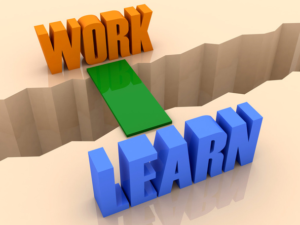 Deux mots WORK et LEARN unis par un pont à travers une fissure de séparation. Concept Illustration 3D
. - Photo, image