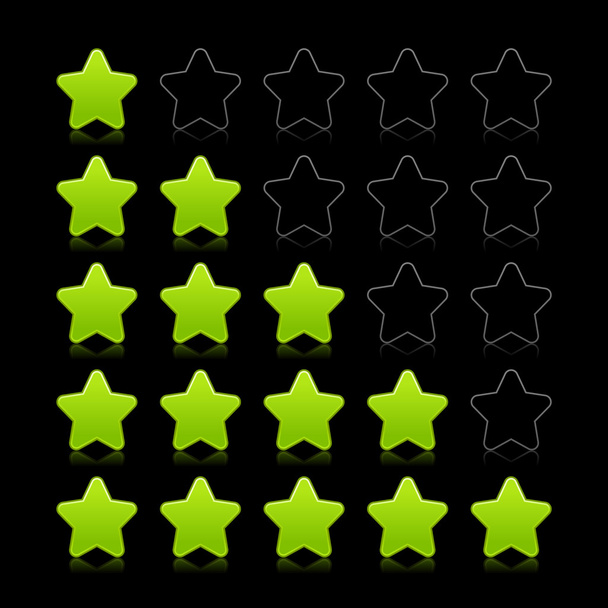 Pětihvězdičkové hodnocení web 2.0 tlačítko. zelené a černé tvary s odrazem na černém pozadí - Vektor, obrázek