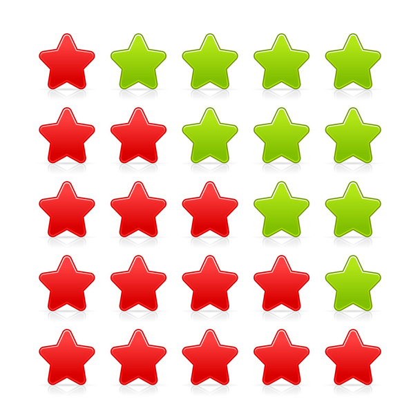 5 sterren waarderingen web 2.0 knop. rode en groene vormen met schaduw en reflectie op wit - Vector, afbeelding