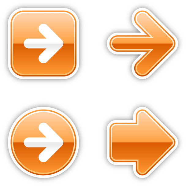 4 web 2.0 button stickers arrow sign. Smooth orange shapes with shadow on white. - Διάνυσμα, εικόνα