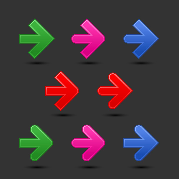 8 variations forms of the arrow web 2.0 button. Colored satined shapes with shadow on gray - Вектор, зображення