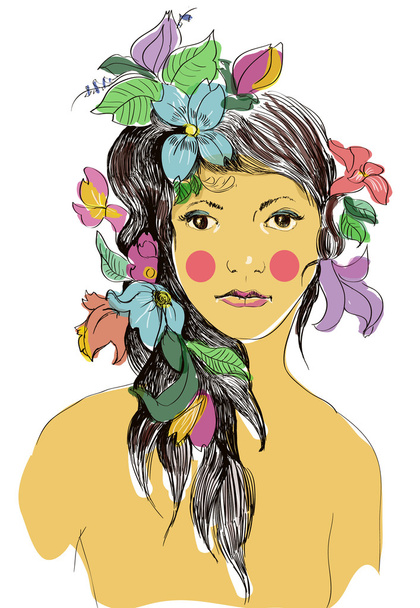 Tanned girl with flowers in hair - Vector, Image