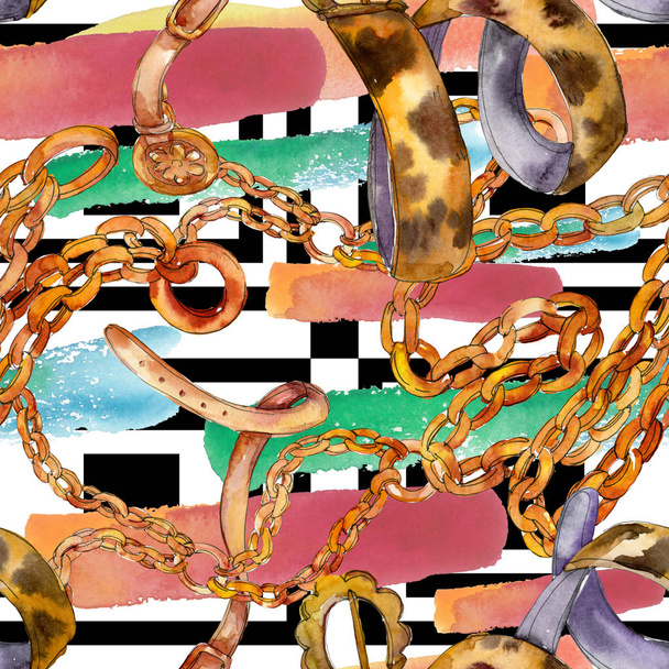 Esbozo de cinturón de cadena dorada ilustración de glamour de moda en un fondo de estilo acuarela. Patrón de fondo sin costuras
. - Foto, Imagen