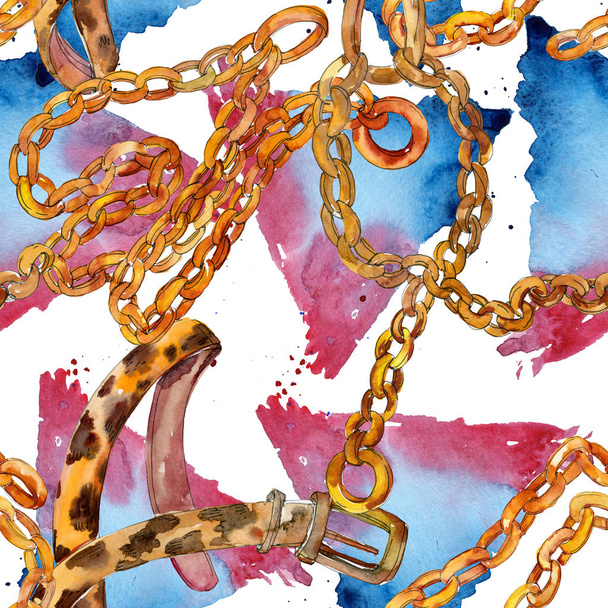 Golden chain belt sketch fashion glamour illustration in a watercolor style background. Seamless background pattern. - Zdjęcie, obraz