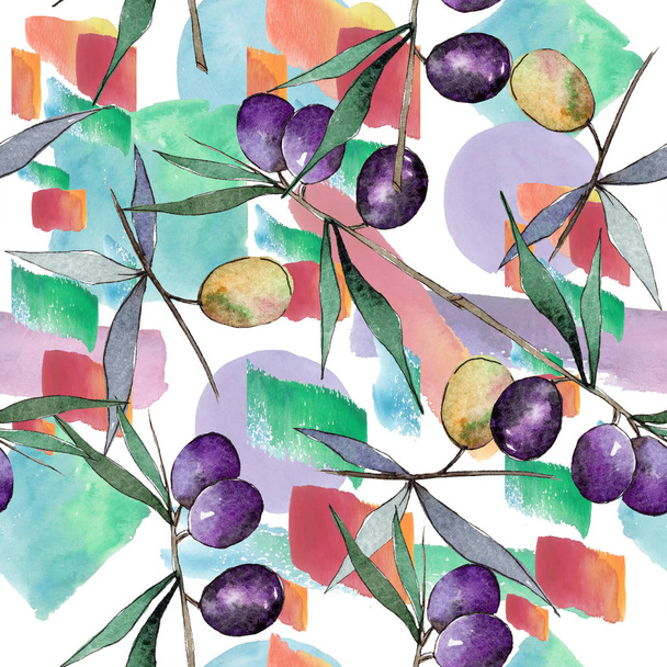 Green and black olives. Watercolor background illustration set. Seamless background pattern. - Φωτογραφία, εικόνα