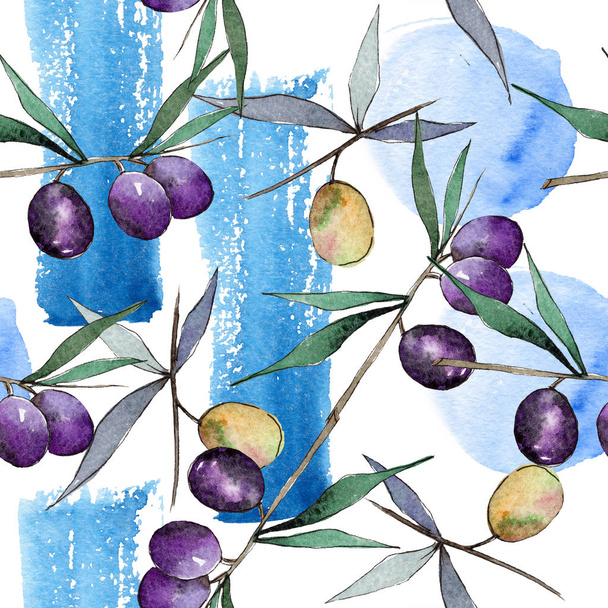 Green and black olives. Watercolor background illustration set. Seamless background pattern. - Foto, Imagem