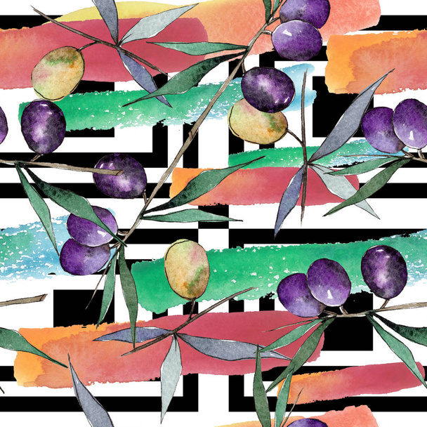 Green and black olives. Watercolor background illustration set. Seamless background pattern. - Foto, Imagen