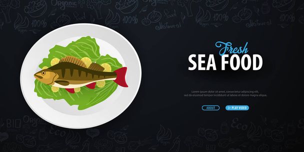 Fresh Sea food. Fish Dish. Banner with hand-draw doodle elements on the background. Vector illustration. - Vecteur, image