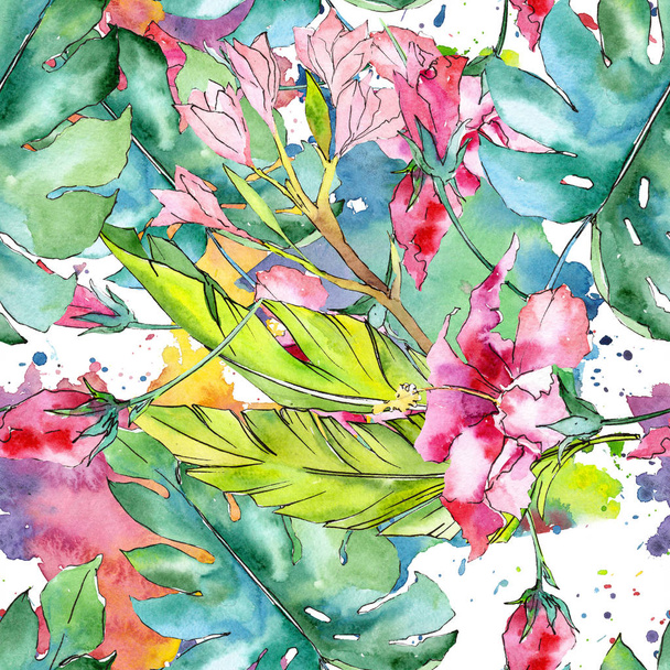 Pink exotic tropical hawaiian floral flower. Watercolor illustration set. Seamless background pattern. - 写真・画像