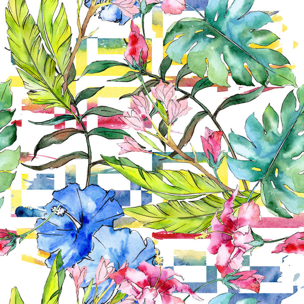 Flor floral tropical hawaiana exótica azul y rosa. Juego de ilustración en acuarela. Patrón de fondo sin costuras
. - Foto, Imagen