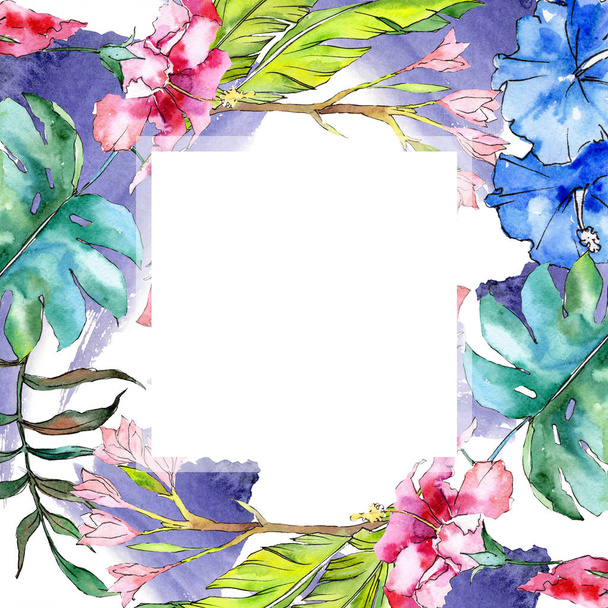 Blue en pink exotische tropische Hawaiiaanse bloem. Aquarel achtergrond afbeelding instellen. Frame grens ornament vierkant. - Foto, afbeelding