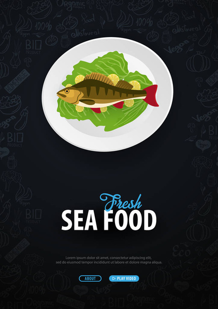 Fresh Sea food. Fish Dish. Banner with hand-draw doodle elements on the background. Vector illustration. - Vector, afbeelding