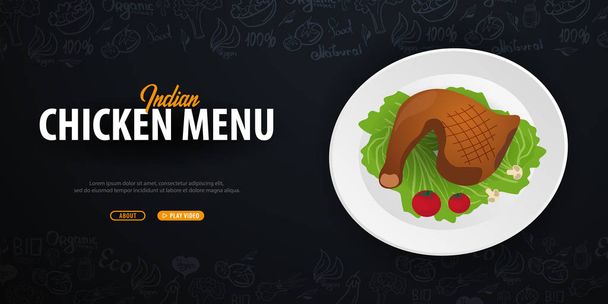 Indian Chicken Menu. Chicken Dish. Banner with hand-draw doodle elements on the background. Vector illustration. - Vecteur, image