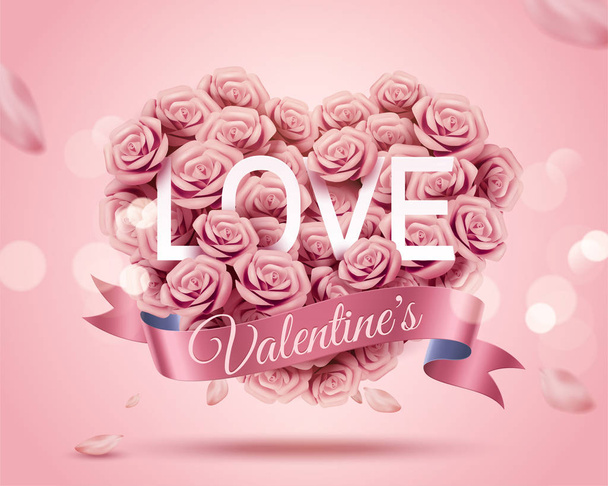Romantic Valentine's Day template with paper rose heart shape bouquet in 3d illustration - Vector, Image