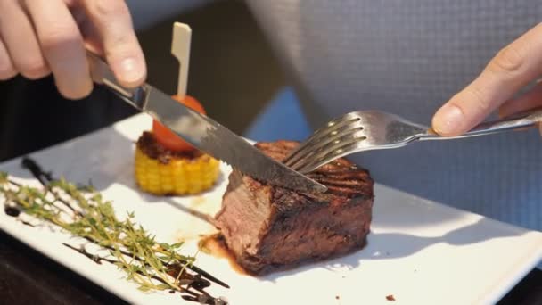 male hands cuts meat. - Video, Çekim