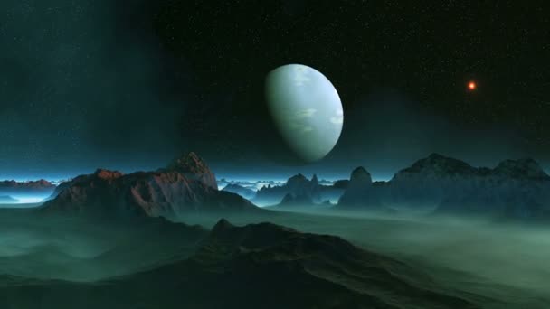 ブルームーンと Ufo。大きな青い惑星は暗い星空にゆっくりと回転します。明るい赤のオブジェクト (Ufo) はすぐに経ちます。暗い山の低地にある濃い白い霧. - 映像、動画
