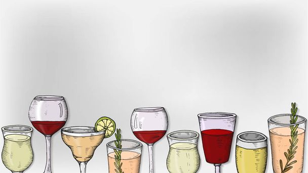 Illustrazione vettoriale con vino, birra e bicchieri da cocktail in stile schizzo
 - Vettoriali, immagini