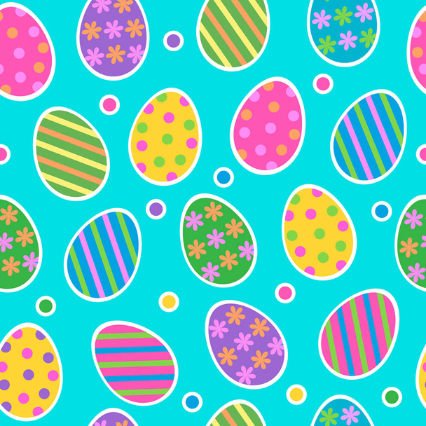Easter egg seamless pattern vector background with cute colourful painted striped easter eggs stickers with dots on light blue background - Vector, afbeelding
