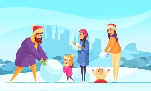 Familia Invierno Vacaciones activas Ilustración
  - Vector, Imagen