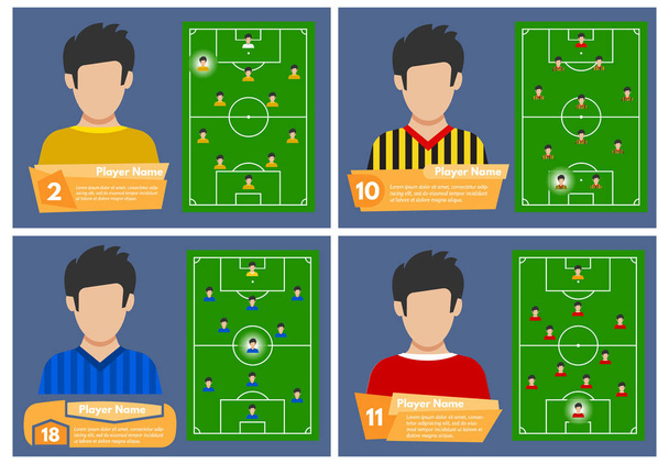 Set van vier voetballers met een positie op het veld waar ze spelen - Vector, afbeelding