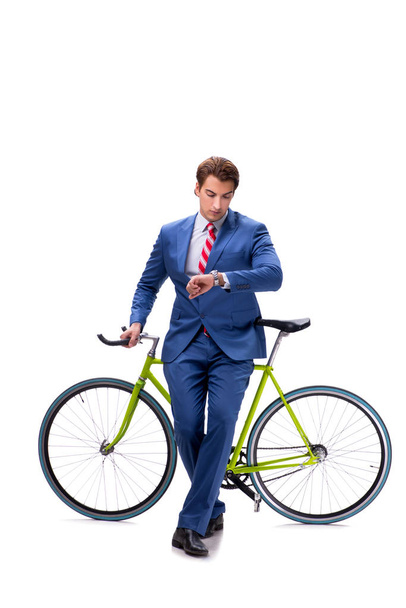 Empresario con bicicleta aislada sobre fondo blanco
 - Foto, imagen