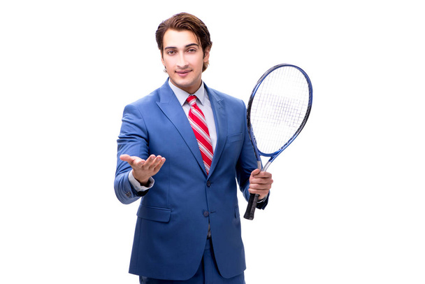 Κομψό άνδρα με ρακέτα του τένις που απομονώνονται σε λευκό  - Φωτογραφία, εικόνα