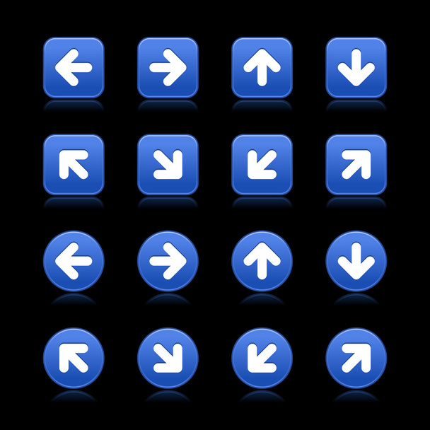 青い web 2.0 矢印記号ボタン。黒の背景に反射と円形および正方形図形 - ベクター画像