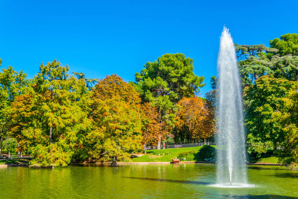 Fountain in a pond in front of the crystal palace at the Parque del Buen Retiro in Madrid, Spai - Foto, Bild