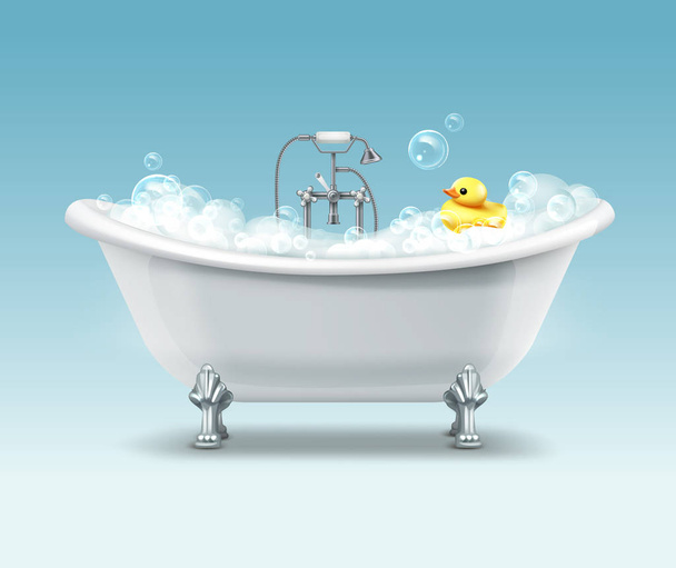 Vasca da bagno bianca vettoriale in stile vintage con schiuma e anatra gialla su sfondo sfumato
 - Vettoriali, immagini