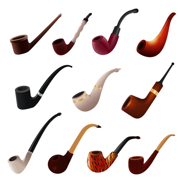 Tobacco pipe vector vintage nicotine smoker object classic retro smoking-pipe product illustration set of realistic old smoke accessory isolated on white background - Vector, Imagen