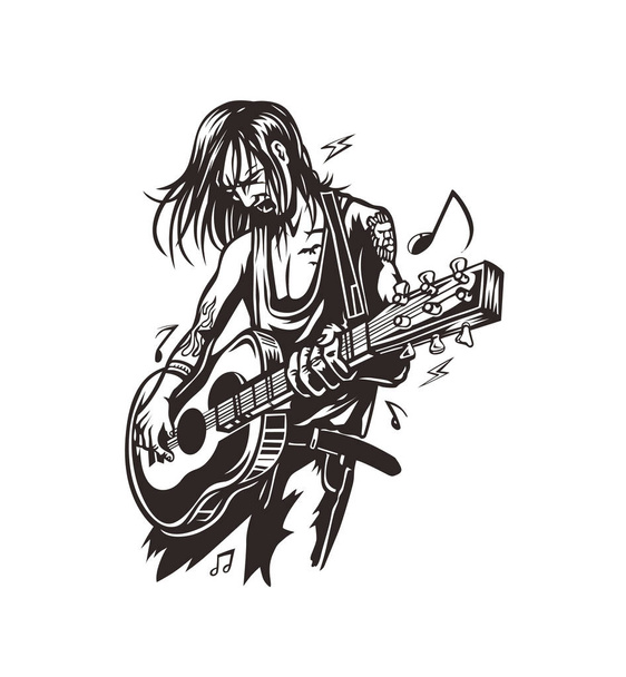 Rockstar kerel gitaarspelen met tekst verplaatsen de beat, vectorillustratie. - Vector, afbeelding